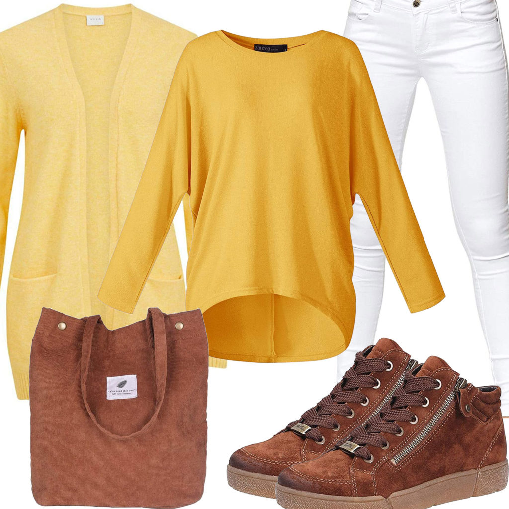 Braun-Gelbes Damenoutfit mit Pullover und Strickjacke