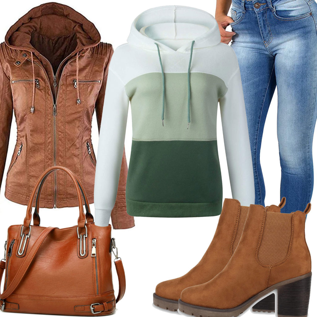 Frauen-Style mit brauner Lederjacke, Stiefeletten und Tasche