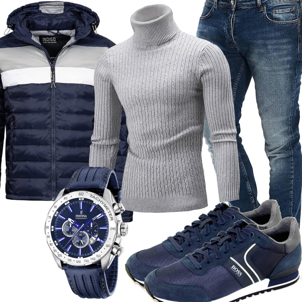 Blau-Grauer Herren-Style mit Steppjacke und Pullover