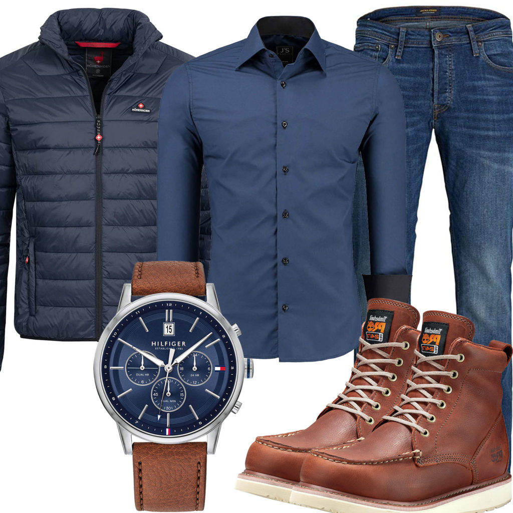 Herren-Style mit blauem Hemd, Jeans und Steppjacke