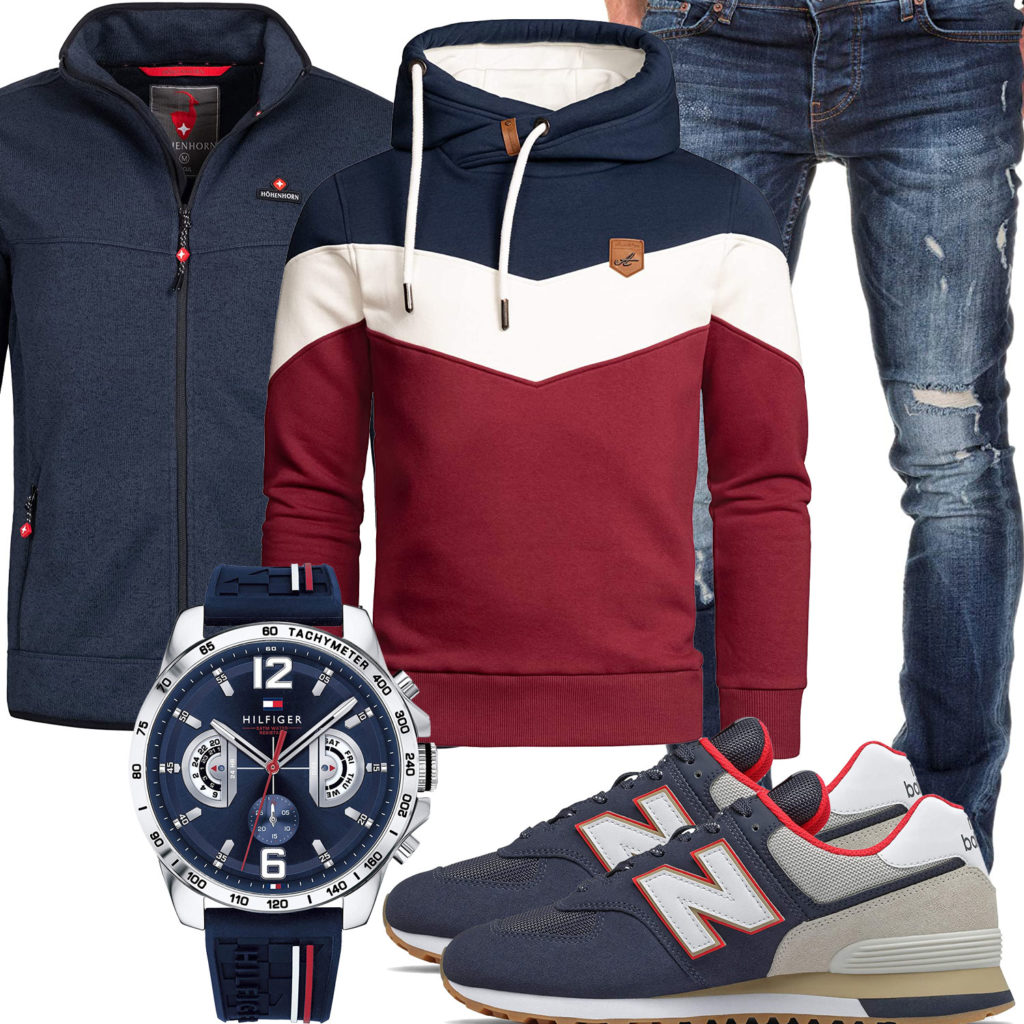 Rot-Blauer Style mit Hoodie, Jeans und Jacke