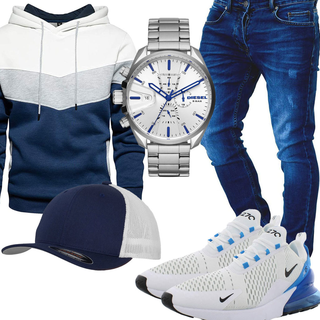 Blau-Weißes Herrenoutfit mit Hoodie, Uhr und Cap