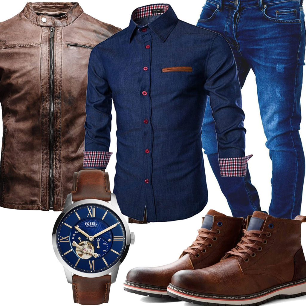 Cooler Style mit brauner Lederjacke, Boots und Uhr