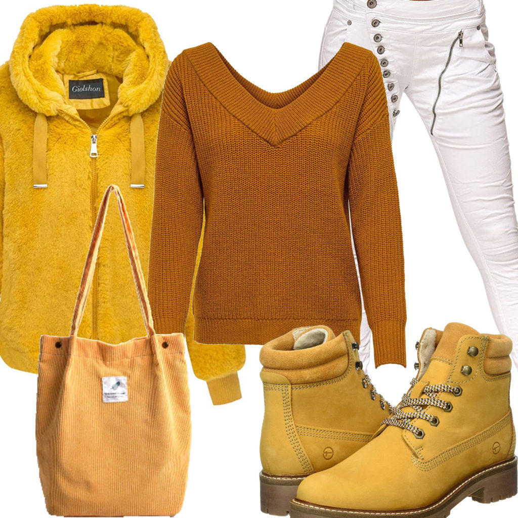 Gelbes Frauenoutfit mit Kunstpelzjacke, Tasche und Stiefeln