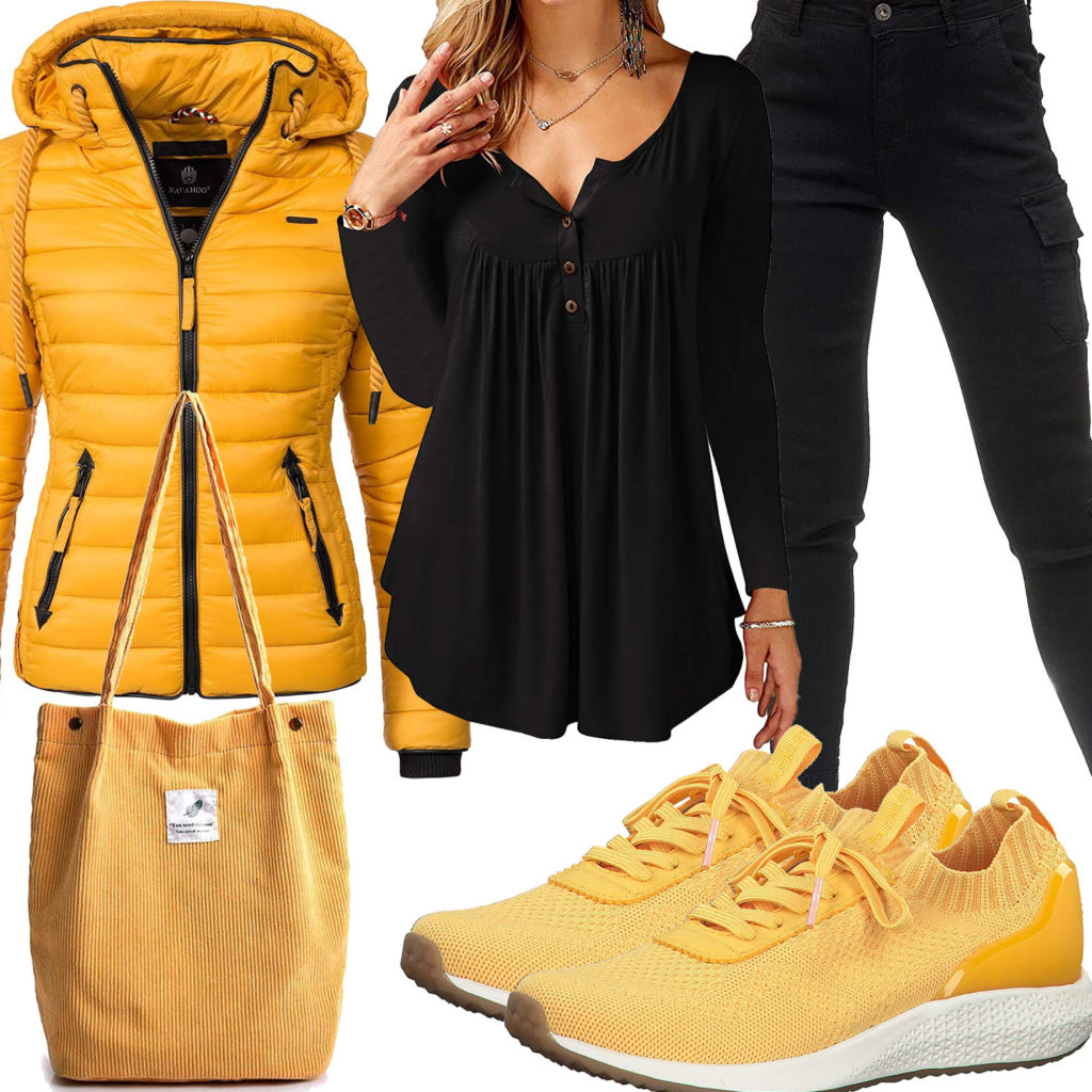 Gelb-Schwarzes Frauenoutfit mit Sneakern und Steppjacke