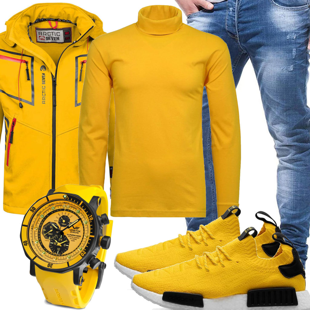 Gelbes Herrenoutfit mit Softshelljacke, Uhr und Adidas