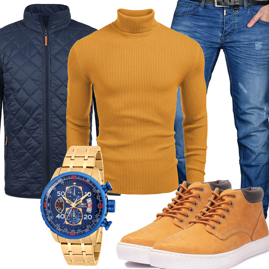 Herren-Style mit goldbraunem Pullover und Stiefeln