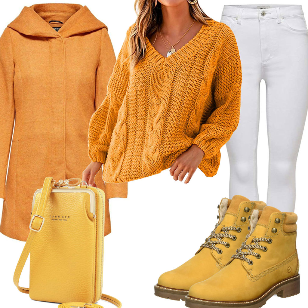 Gelbes Damenoutfit mit Wollmantel und Stiefeln