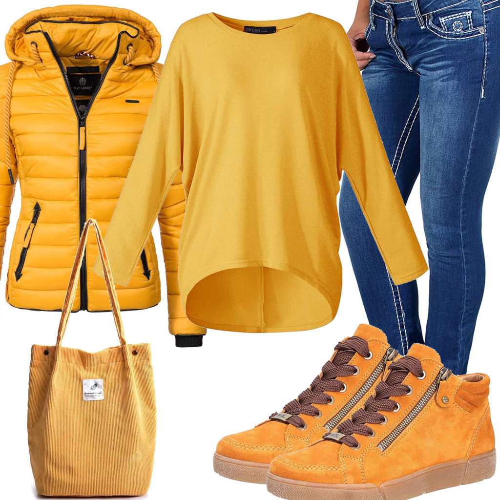 Gelbes Frauenoutfit mit Pullover, Steppjacke und Sneakern