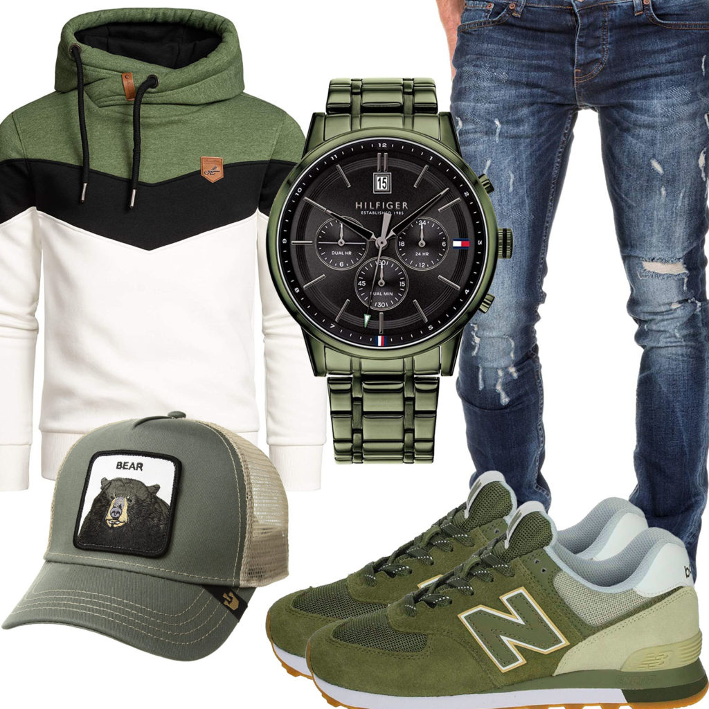 Grün-Beiges Herrenoutfit mit Cap, Sneakern und Hoodie