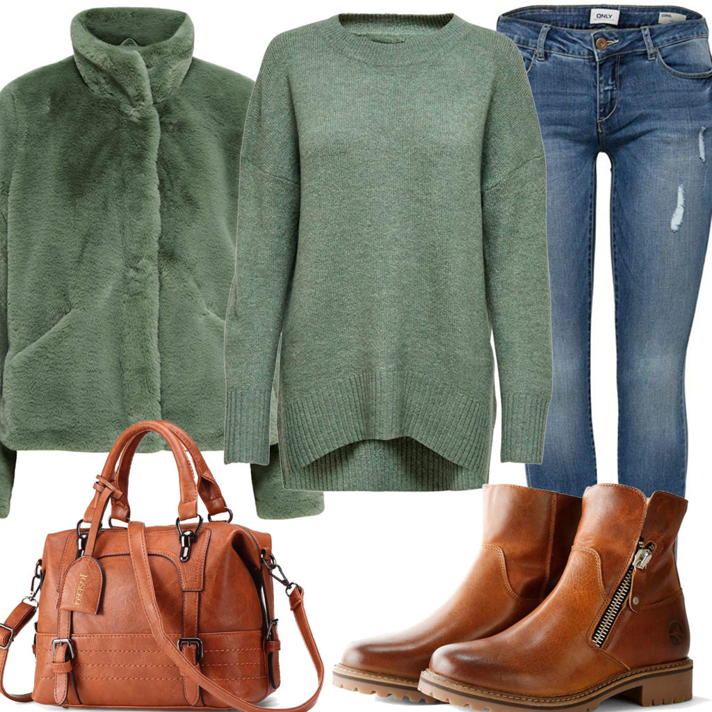Grün-Braunes Frauenoutfit mit Jacke und Pullover