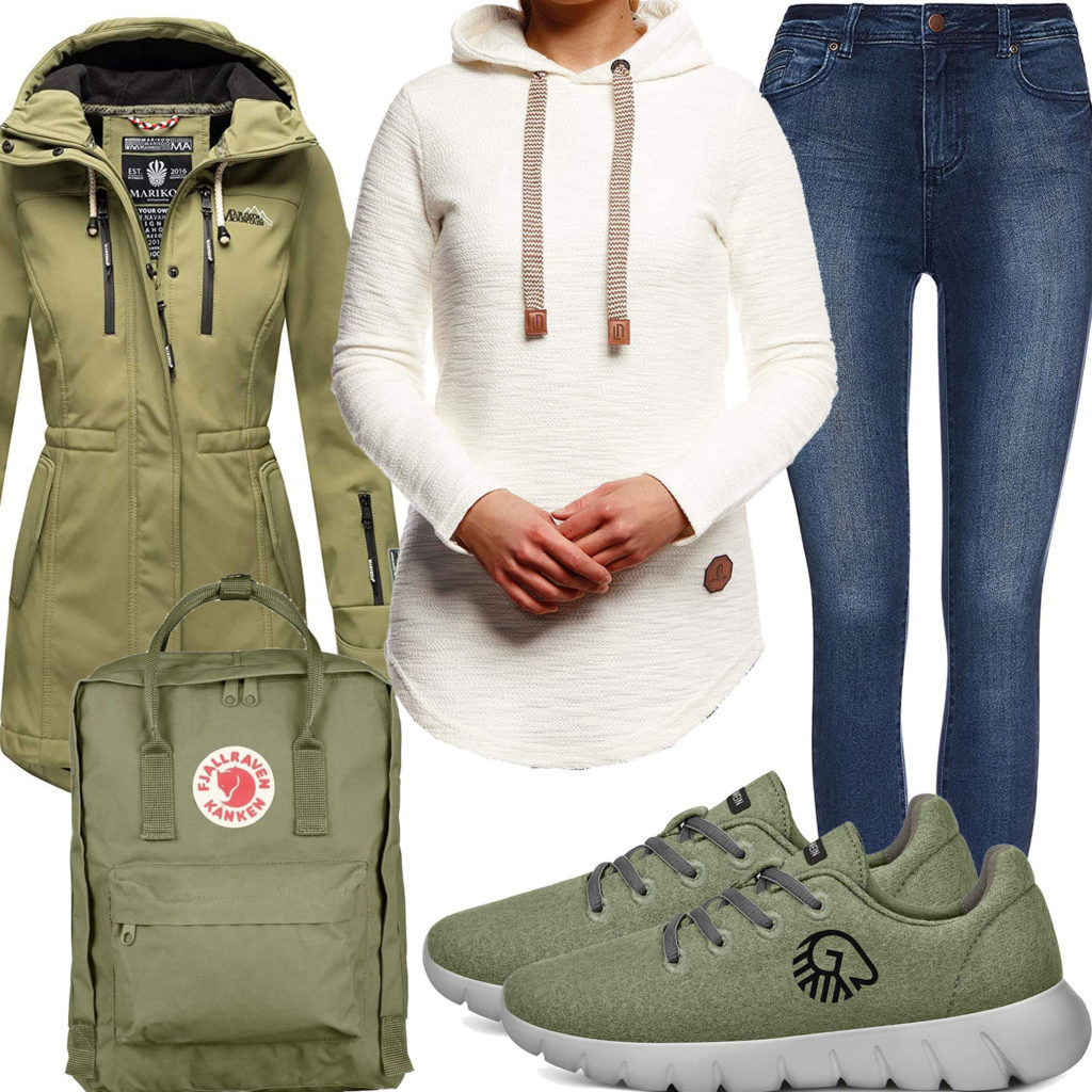 Grünes Frauenoutfit mit Rucksack, Sneaker und Softshelljacke