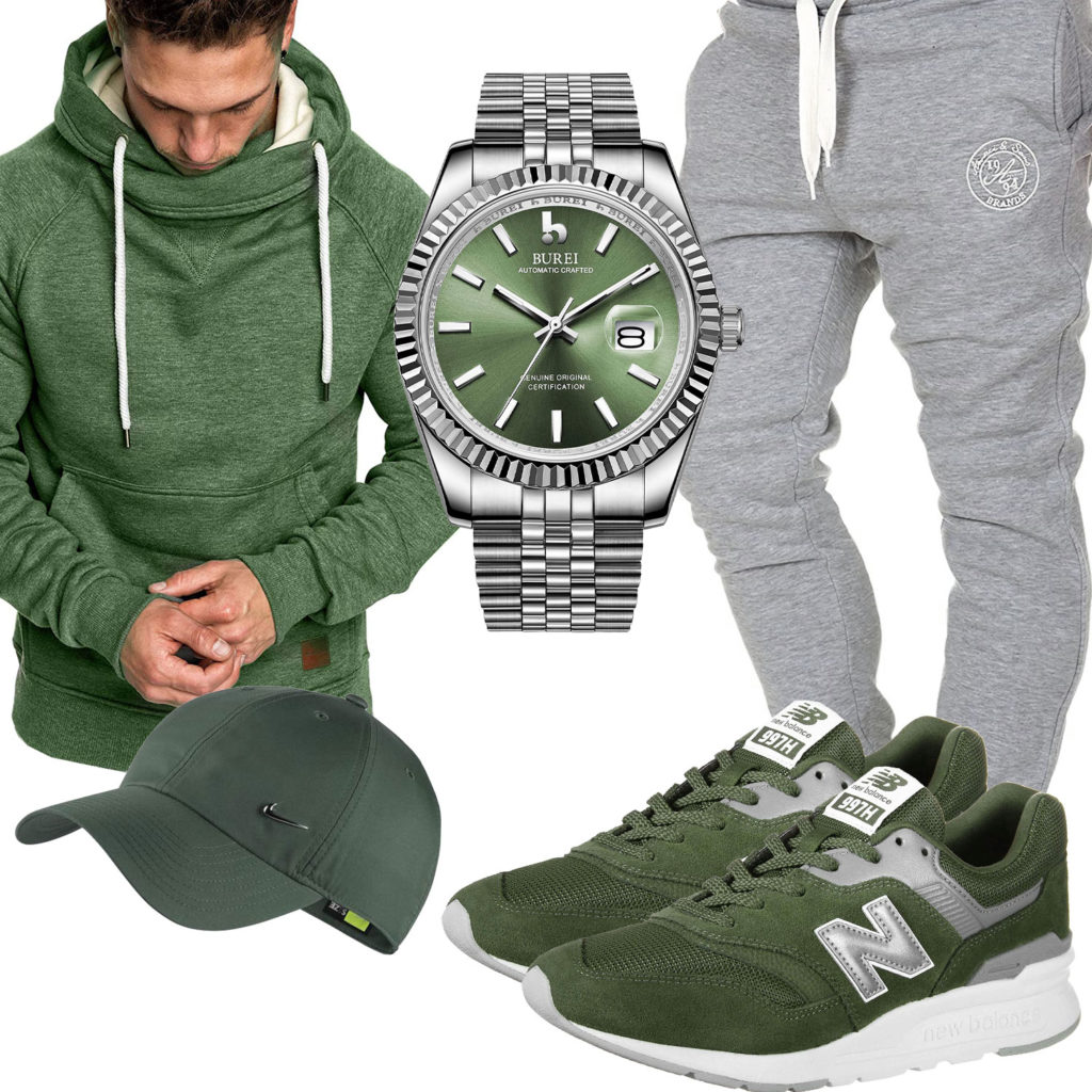Grüner Herren-Style mit Hoodie, Cap und Sneakern