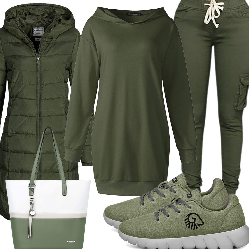 Grünes Damenoutfit mit Hoodie, Cargohose und Sneakern