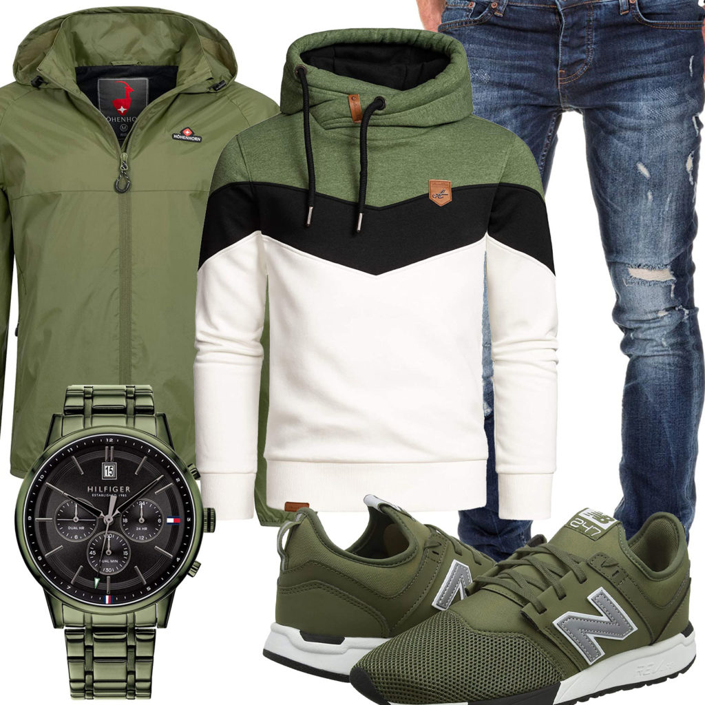 Grüner Style mit Jacke, Sneakern und Armbanduhr