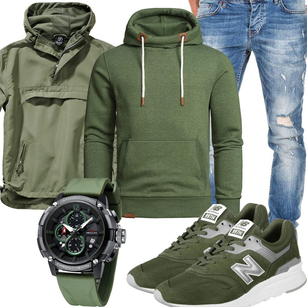Grünes Herrenoutfit mit Uhr, Sneakern und Windbreaker