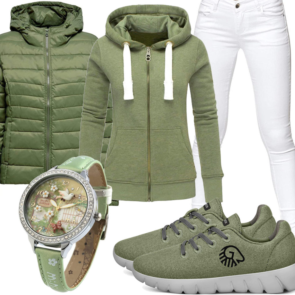 Grünes Damenoutfit mit Hoodie, Steppjacke und Uhr