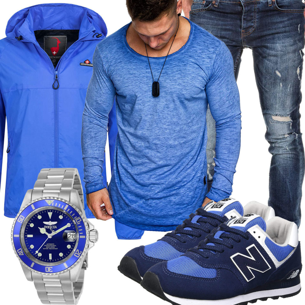 Blaues Herrenoutfit mit Longsleeve, Jacke und Sneakern