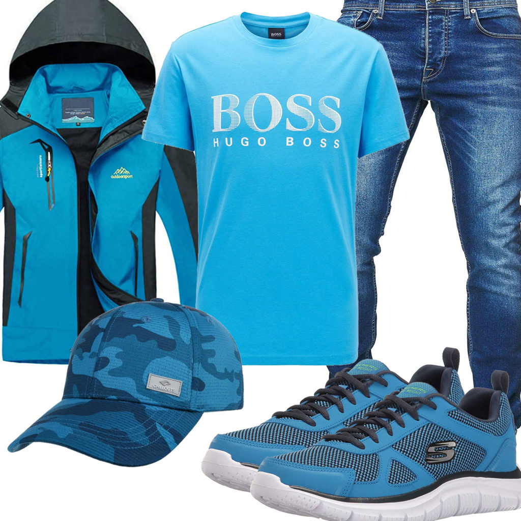 Hellblaues Herrenoutfit mit Shirt, Sneakern, Cap und Jeans