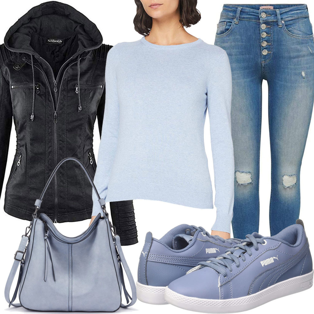 Hellblaues Frauenoutfit mit Ledertasche, Sneaker und Pullover
