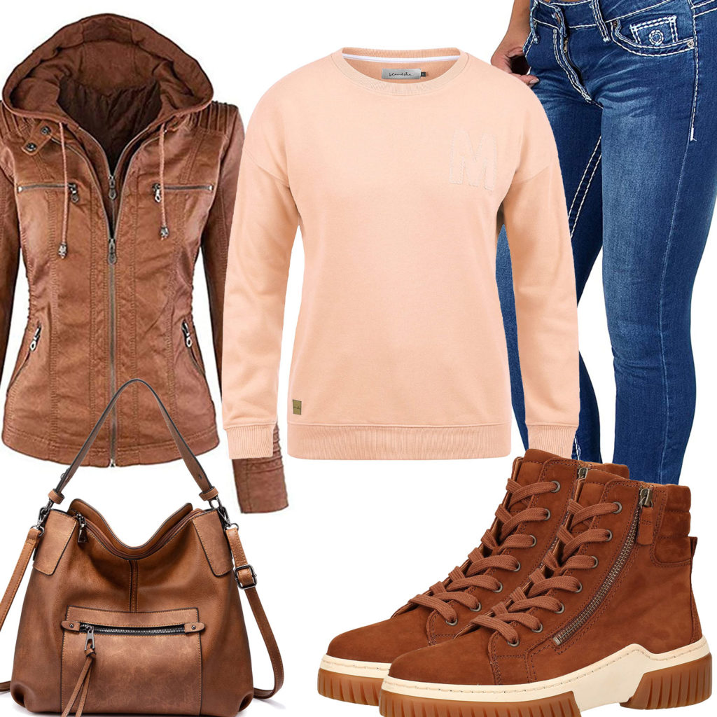 Hellbraunes Damenoutfit mit Lederjacke, Sneaker und Leder-Handtasche