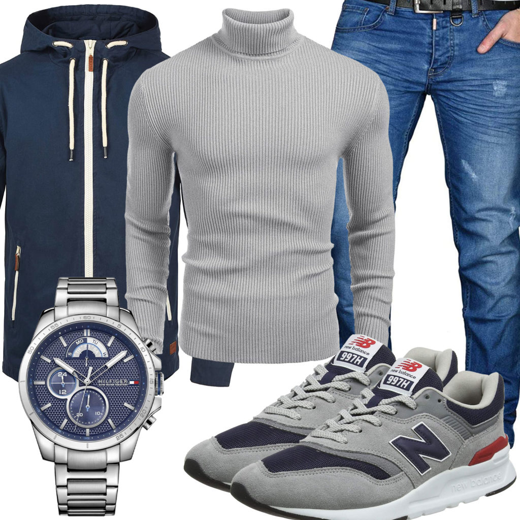 Herren-Style mit hellgrauem Pullover und Sneakern