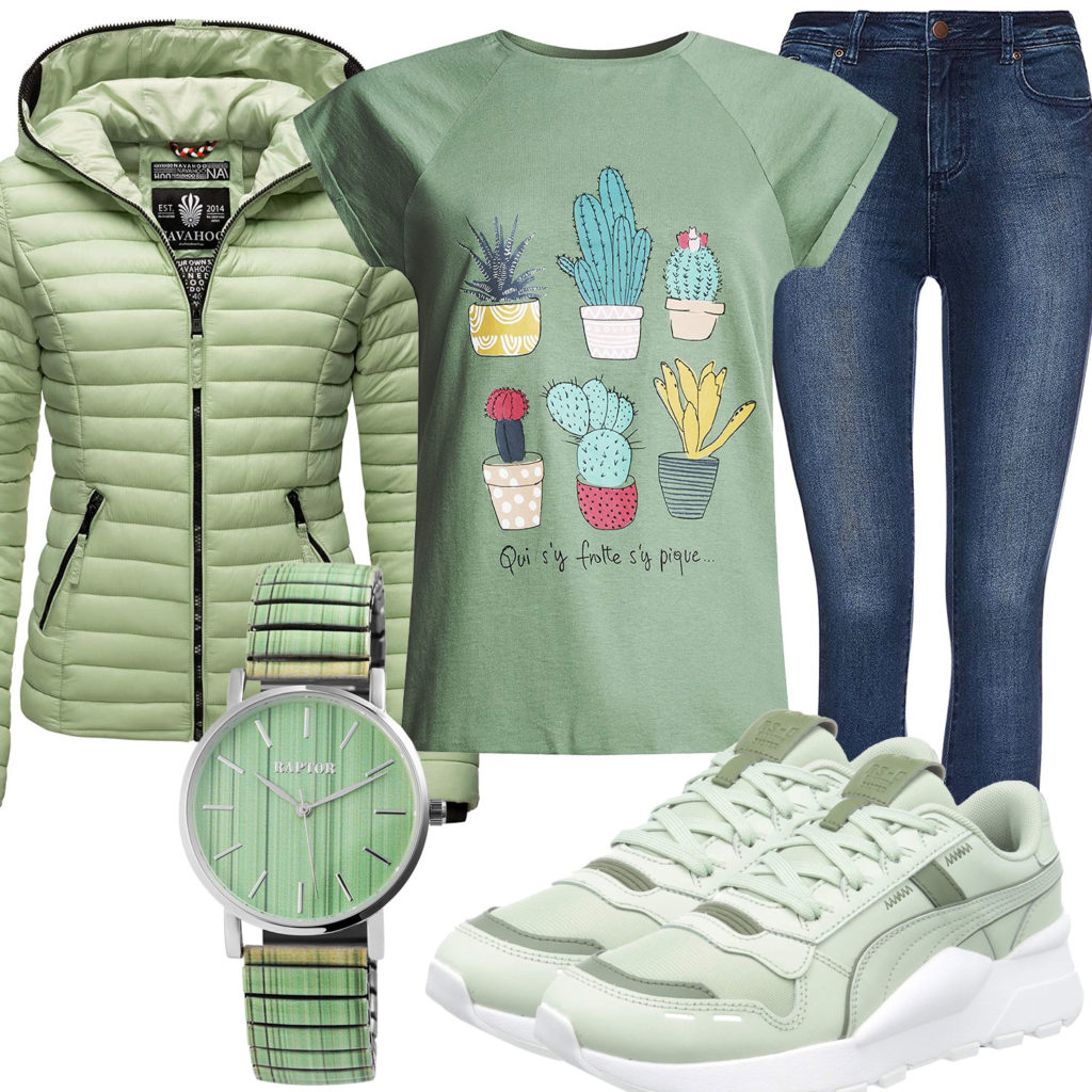 Hellgrünes Frauenoutfit mit Steppjacke, Uhr und Sneakern