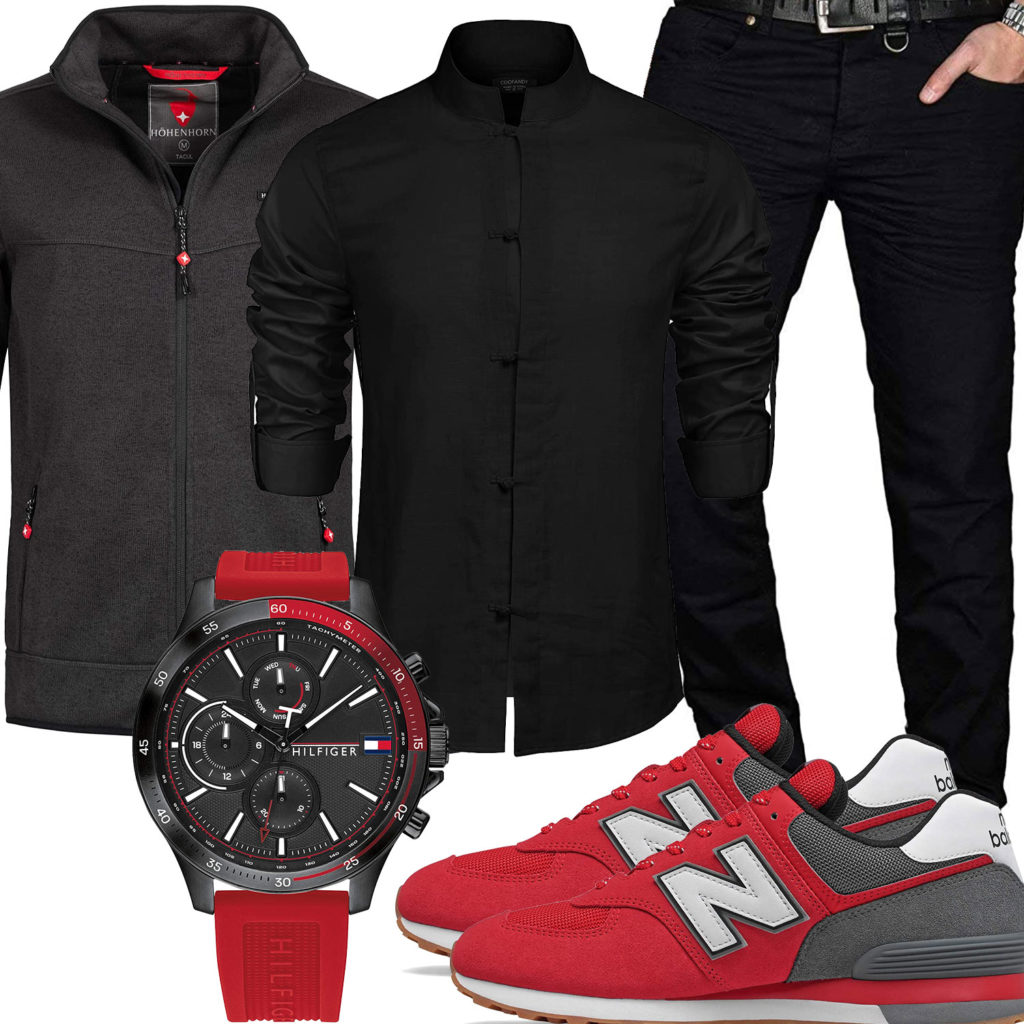 Rot-Schwarzer Style mit Hemd, Jacke und Jeans