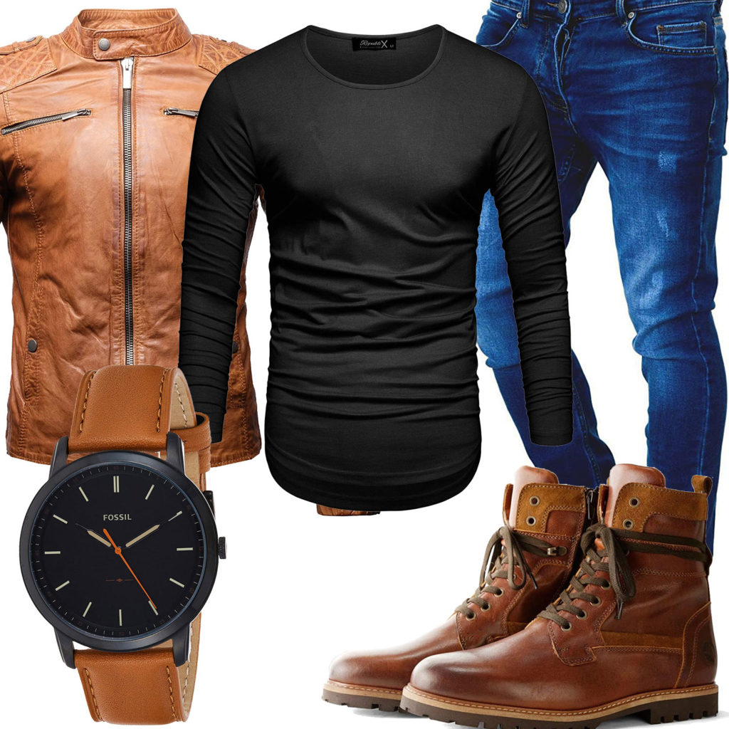 Herren-Style mit kastanienbrauner Lederjacke, Boots und Uhr