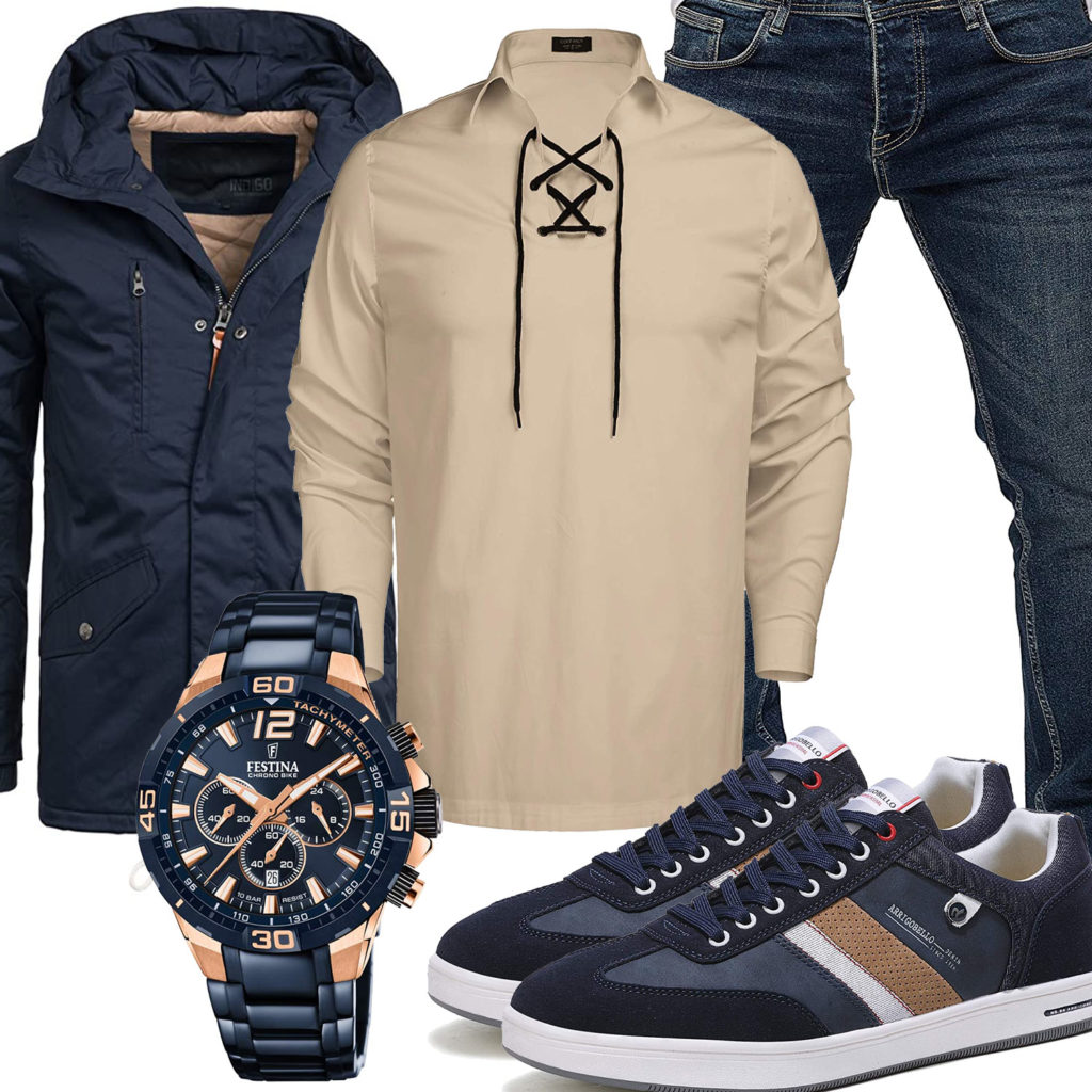 Herrenoutfit mit dunkelblauer Uhr, Sneakern und Jeans
