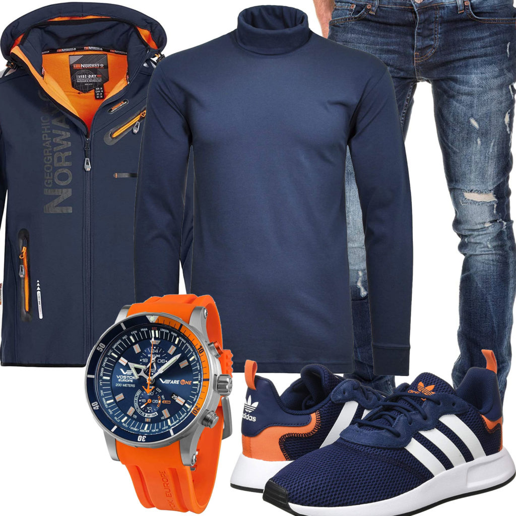 Navyblau-Oranges Herrenoutfit mit Softshelljacke und Uhr