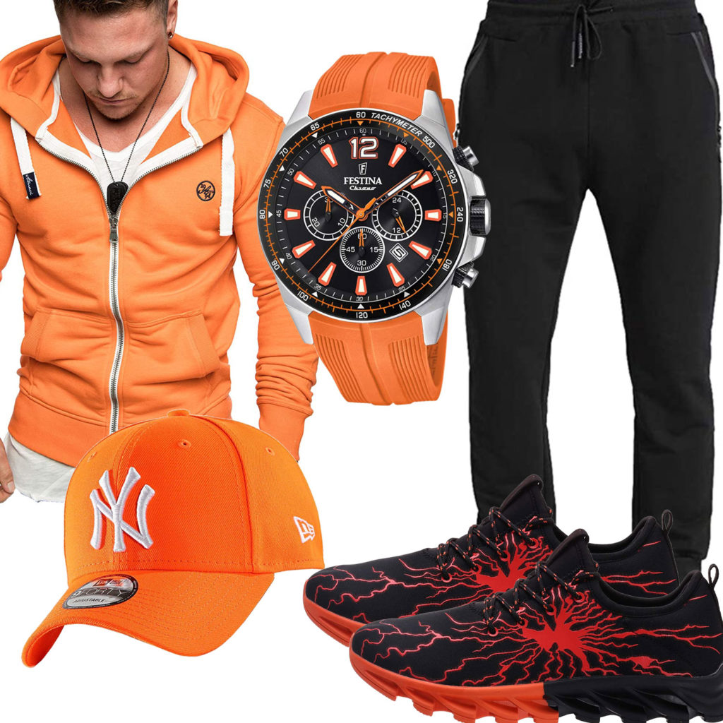 Orange-Schwarzer Style mit Hoodie und Cap