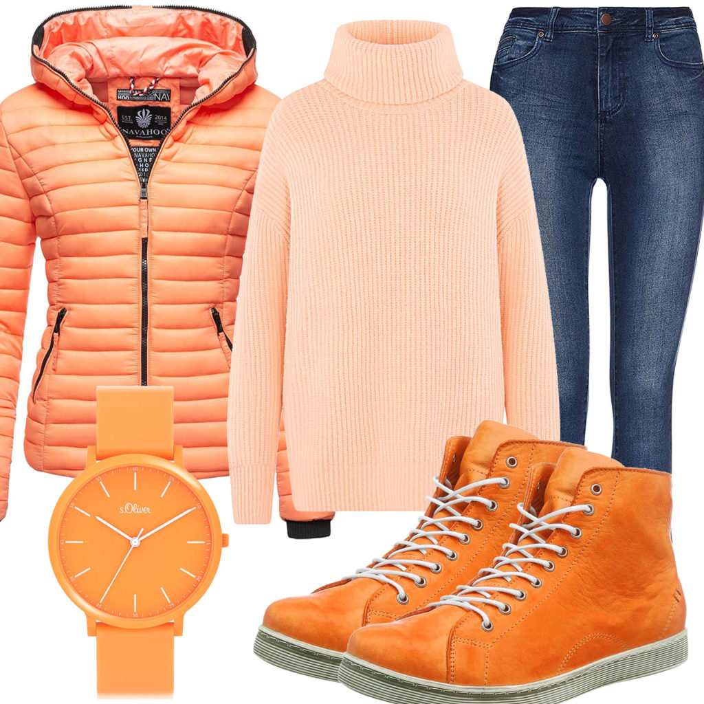 Oranges Frauenoutfit mit Steppjacke, Uhr und Sneakern