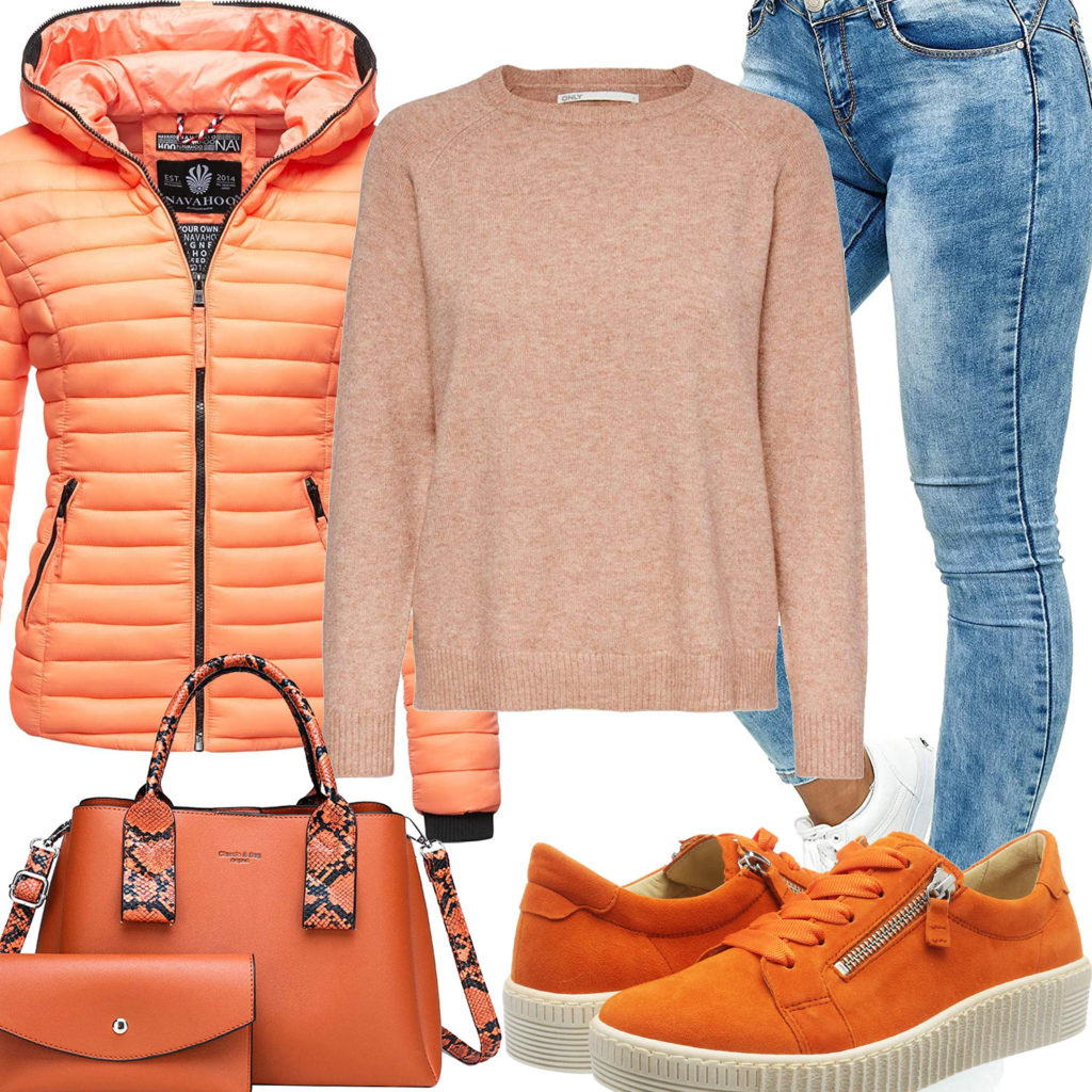 Oranges Damenoutfit mit Steppjacke, Sneaker und Tasche