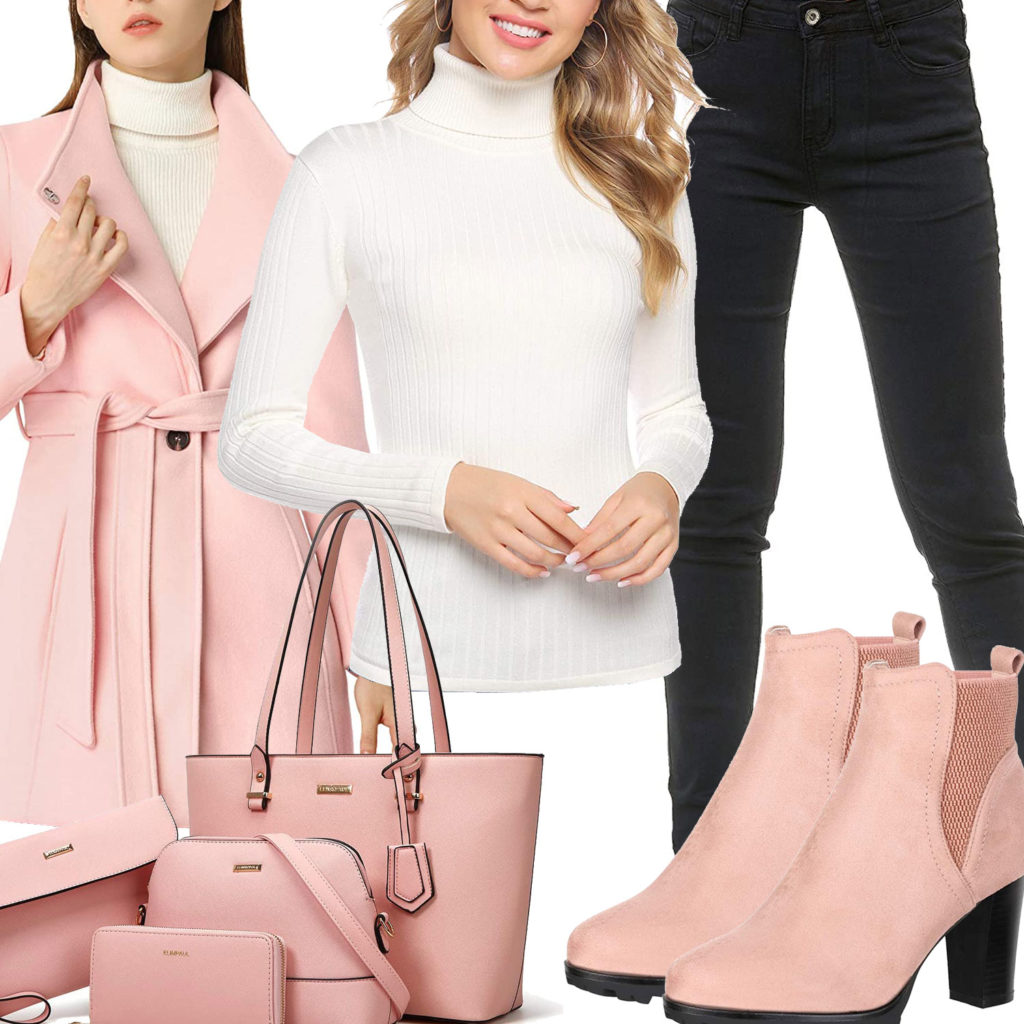 Rosa Style mit Trenchcoat, Stiefeln und Handtasche