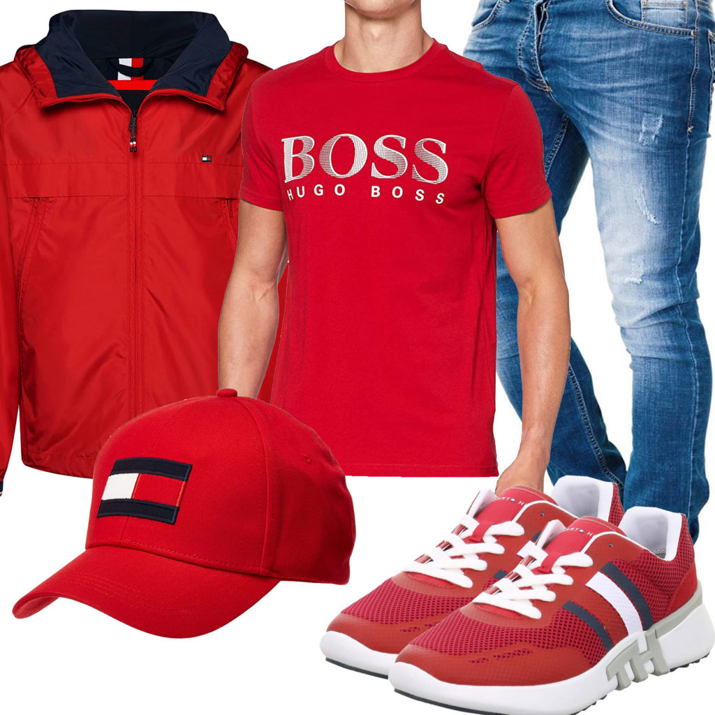 Roter Style mit Tommy Hilfiger Cap, Sneakern und Jacke