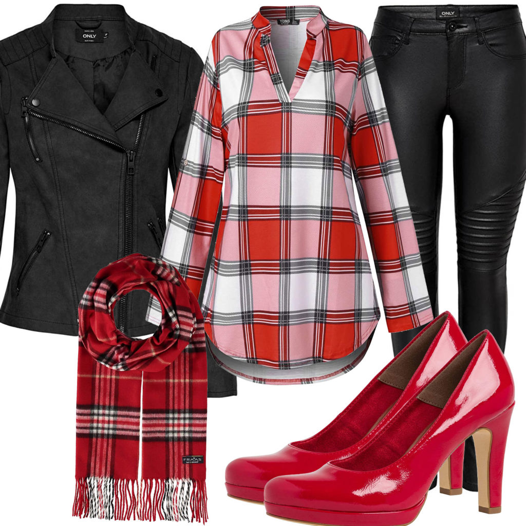 Schwarz-Roter Style mit Lederjacke, Bluse und Pumps