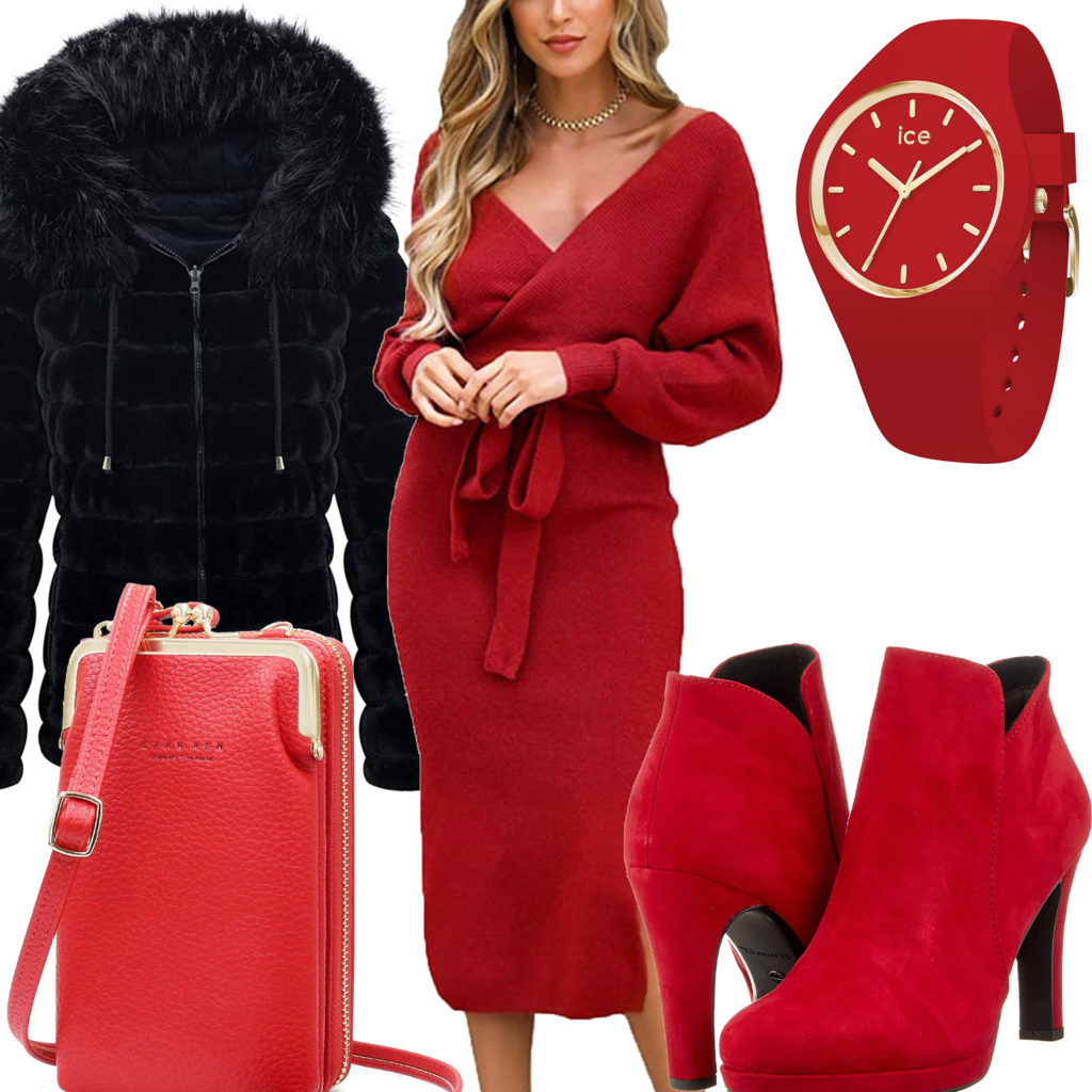 Rotes Frauenoutfit mit Pumps, Kleid und Uhr