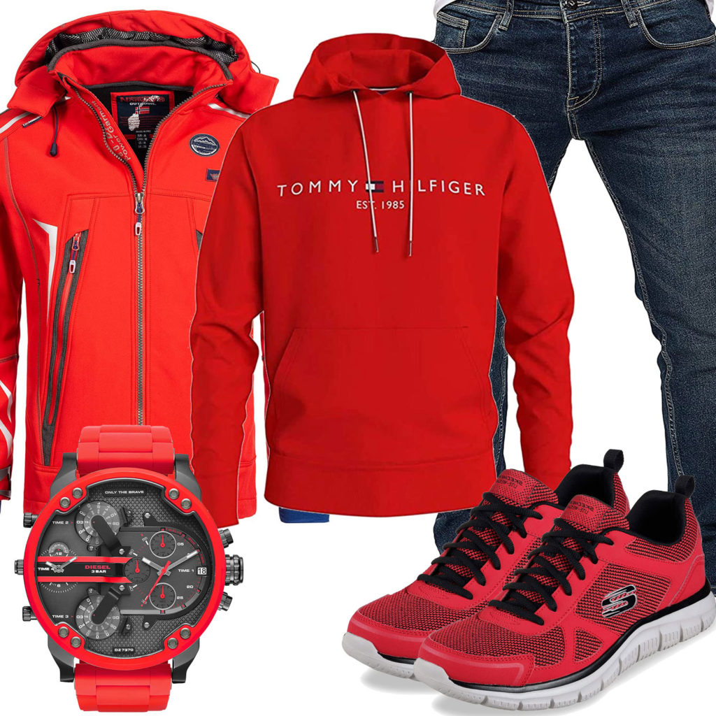 Roter Style mit Hoodie, Jacke und Sneakern