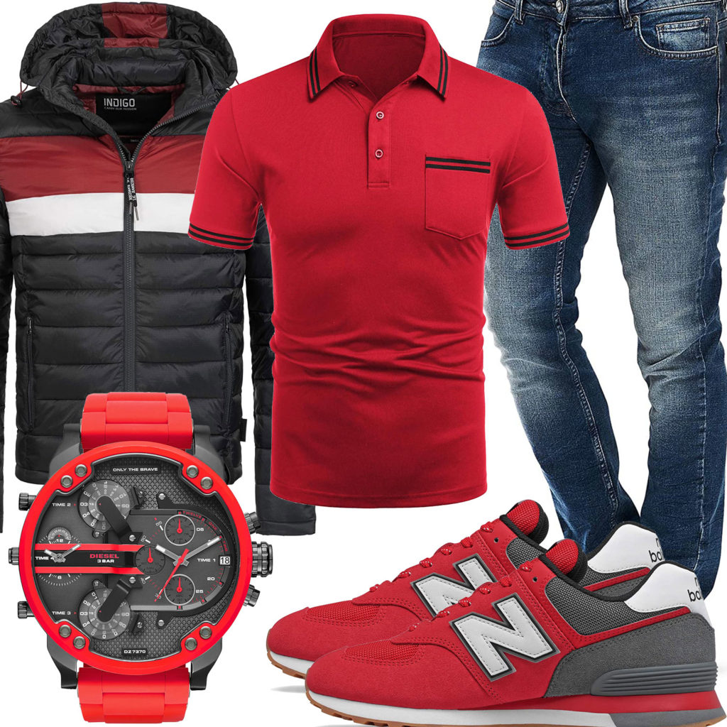 Roter Herren-Style mit Poloshirt, Sneakern und Uhr