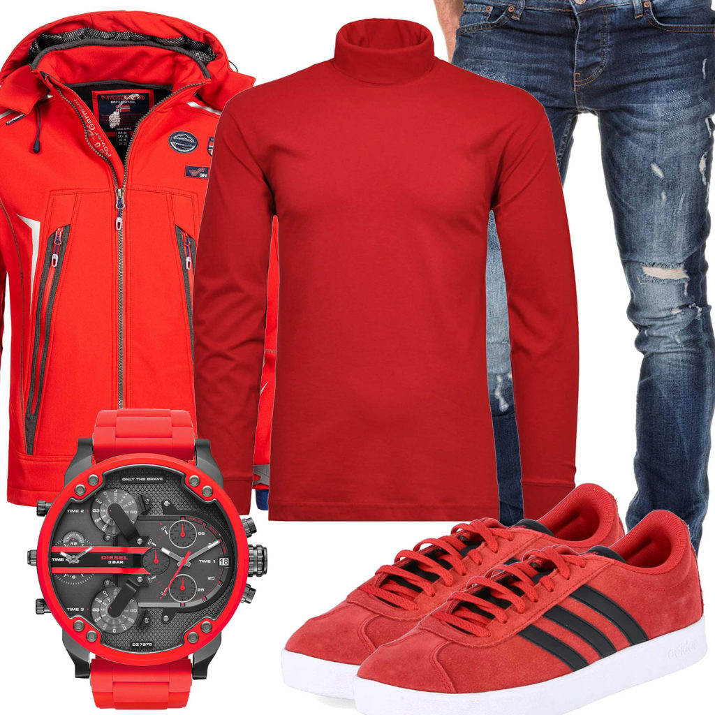 Rotes Herrenoutfit mit Uhr, Sneakern und Rollkragenpullover
