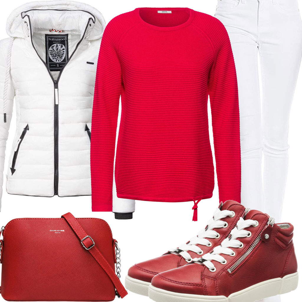 Rot-Weißes Frauenoutfit mit Steppjacke, Jeans und Sneakern