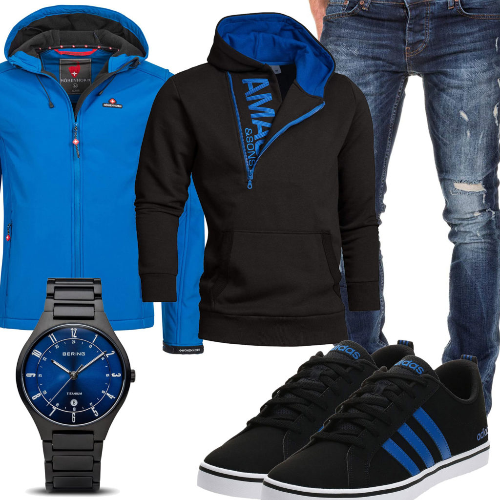 Schwarz-Blauer Style mit Hoodie und Adidas Sneakern