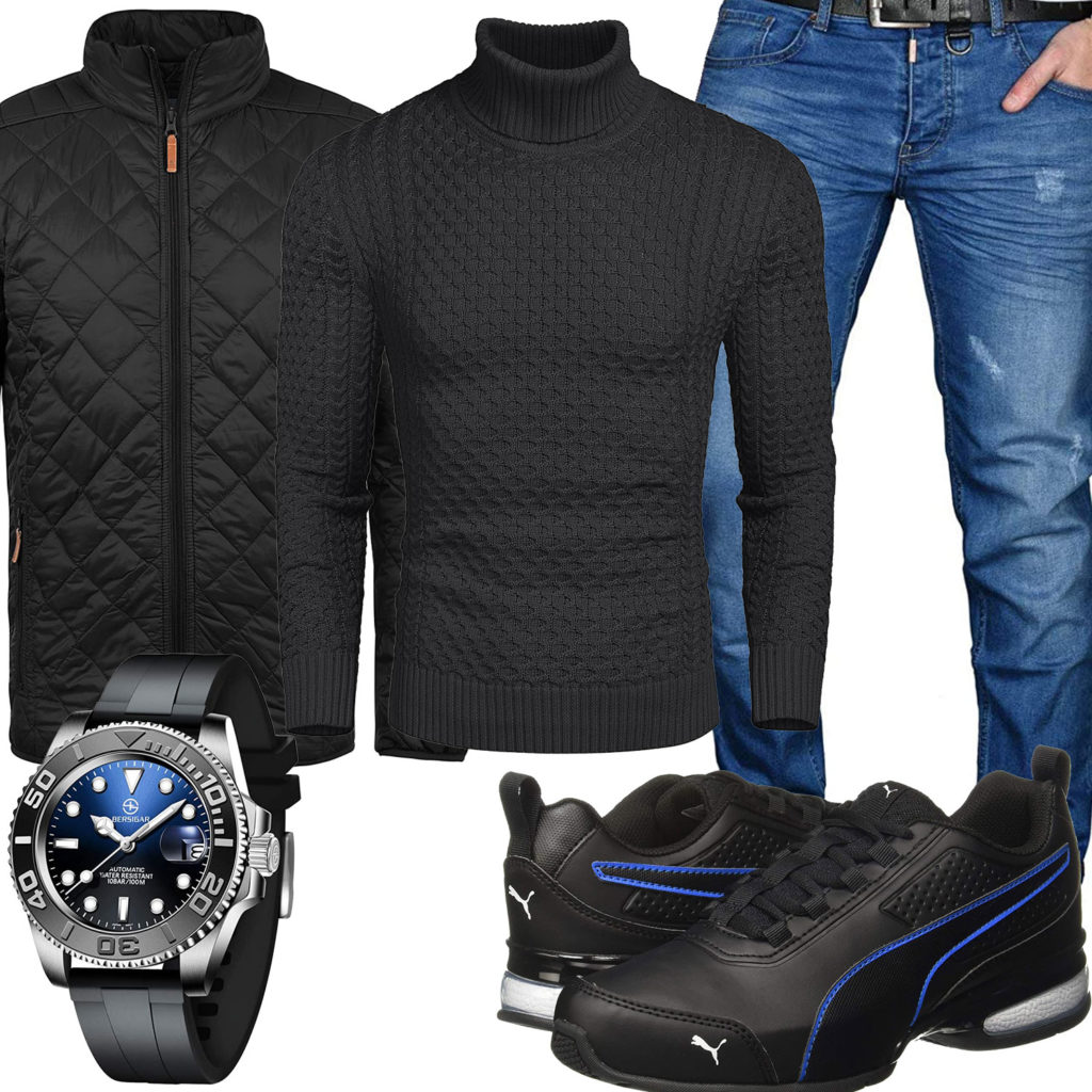 Schwarz-Blaues Herrenoutfit mit Steppjacke, Pullover und Pumas