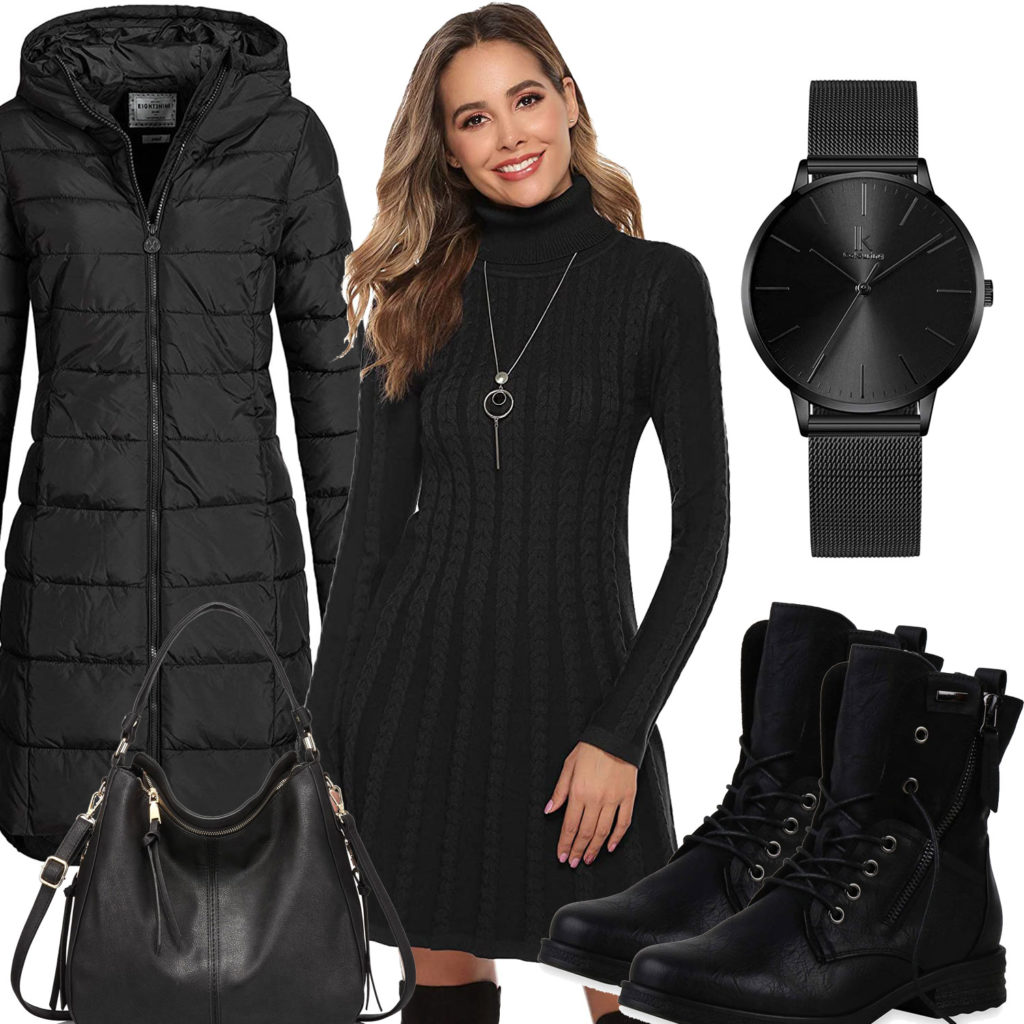 Schwarzes Damenoutfit mit Kleid, Uhr und Stiefeln