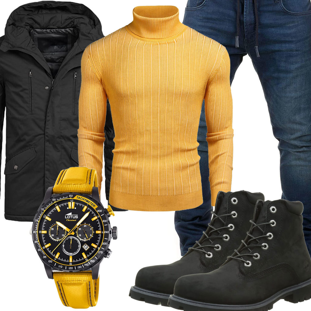 Frühlings-Herrenoutfit mit gelbem Pullover und Lotus Uhr