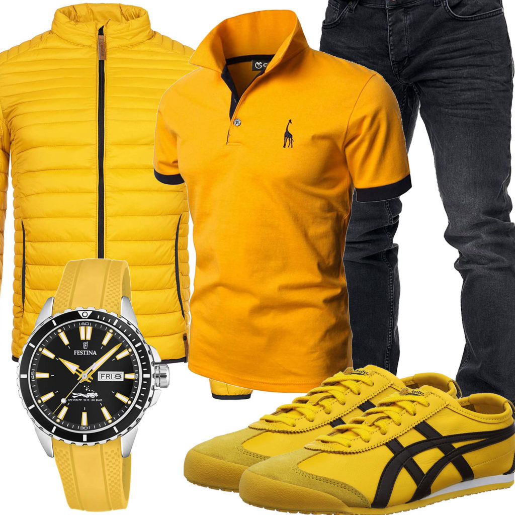 Gelb-Schwarzes Herrenoutfit mit Poloshirt, Uhr und Sneakern
