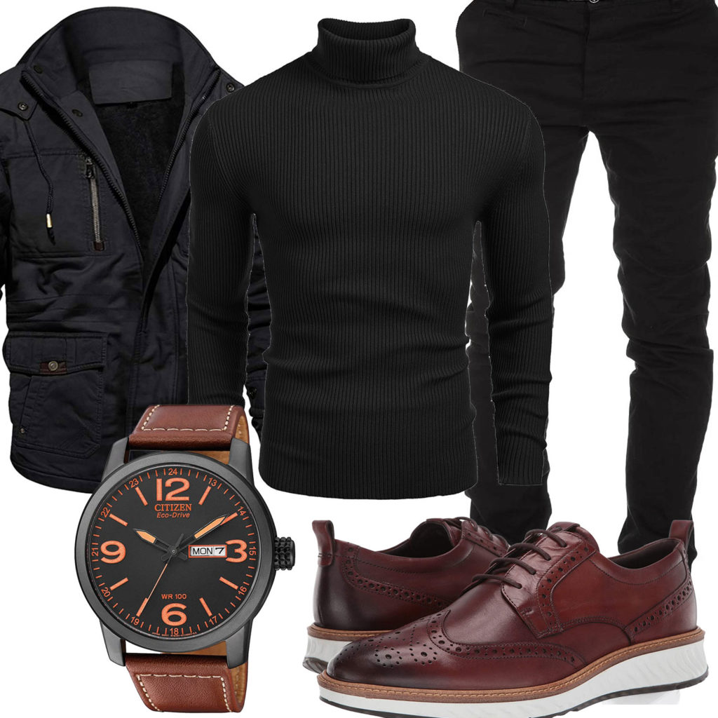 Schwarz-Brauner Herren-Style mit Uhr und Pullover