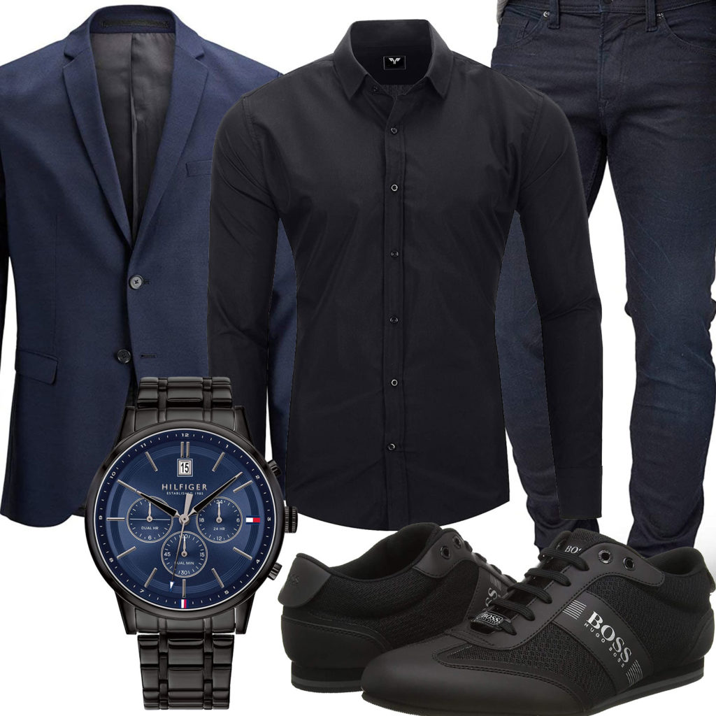 Schwarz-Blaues Herrenoutfit mit Hemd, Sakko und Uhr