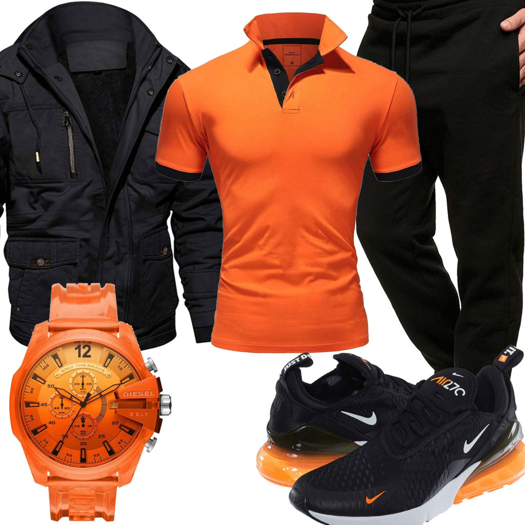 Schwarz-Oranges Herrenoutfit mit Poloshirt und Nikes